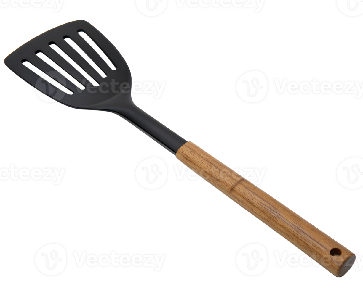Black Kitchen Spatula With Slotted Head, Cooking Tool, Baking Utensil On Transparent Background png