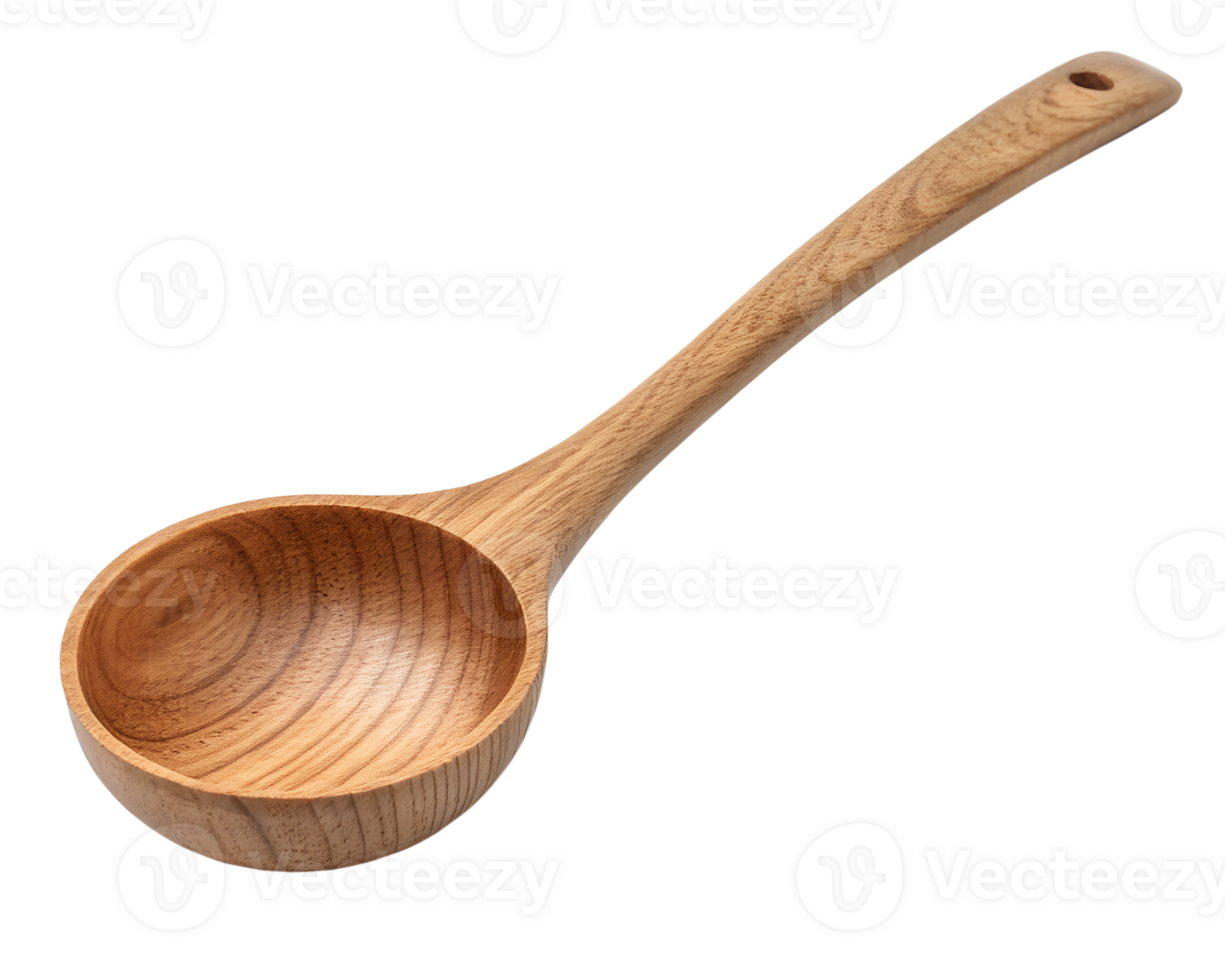 Wooden ladle with long handle for cooking, traditional kitchen utensil, rustic wood design png