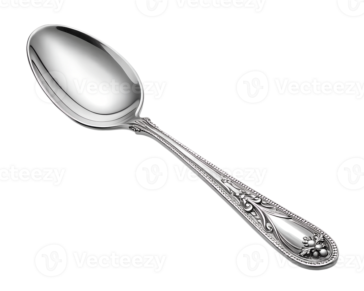Shiny silver spoon, polished metallic utensil, elegant kitchenware png