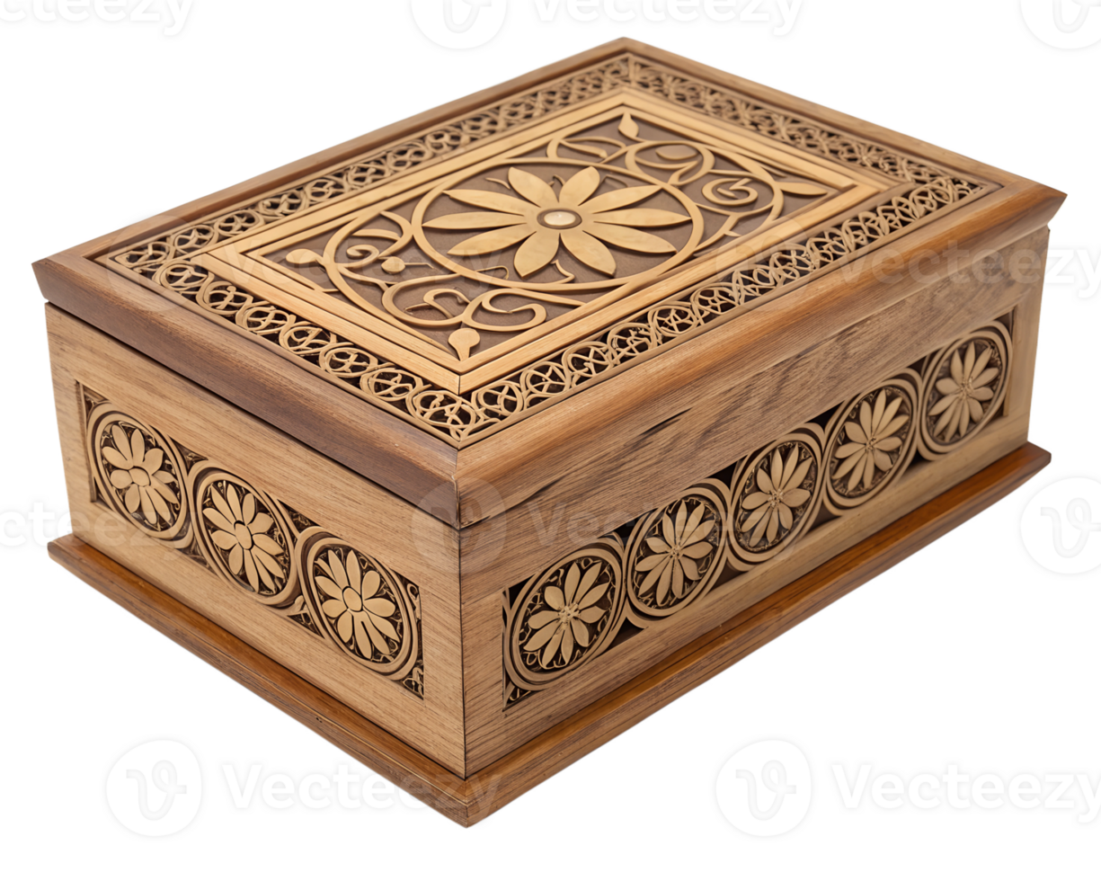 Decorative wooden box with carved details and handle, handcrafted vintage design png