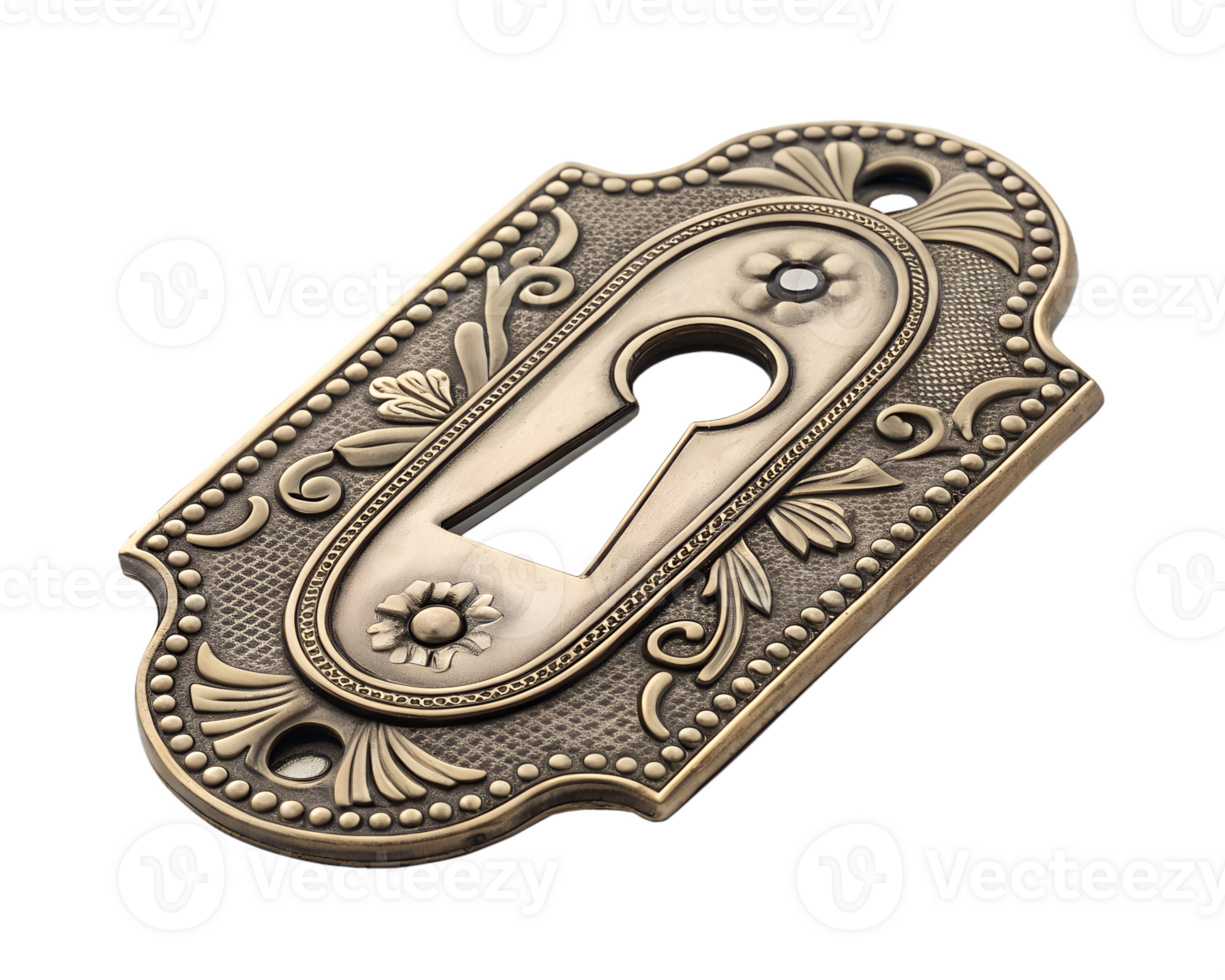 Decorative metal keyhole cover, antique-style accessory, ornate door hardware png
