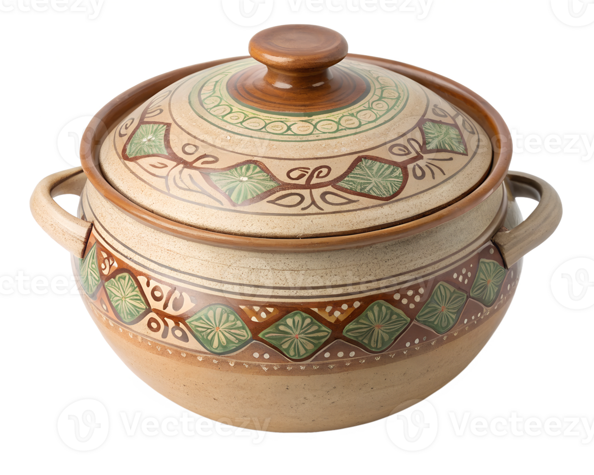Round ceramic pot with handles, traditional cooking utensil, rustic kitchenware png