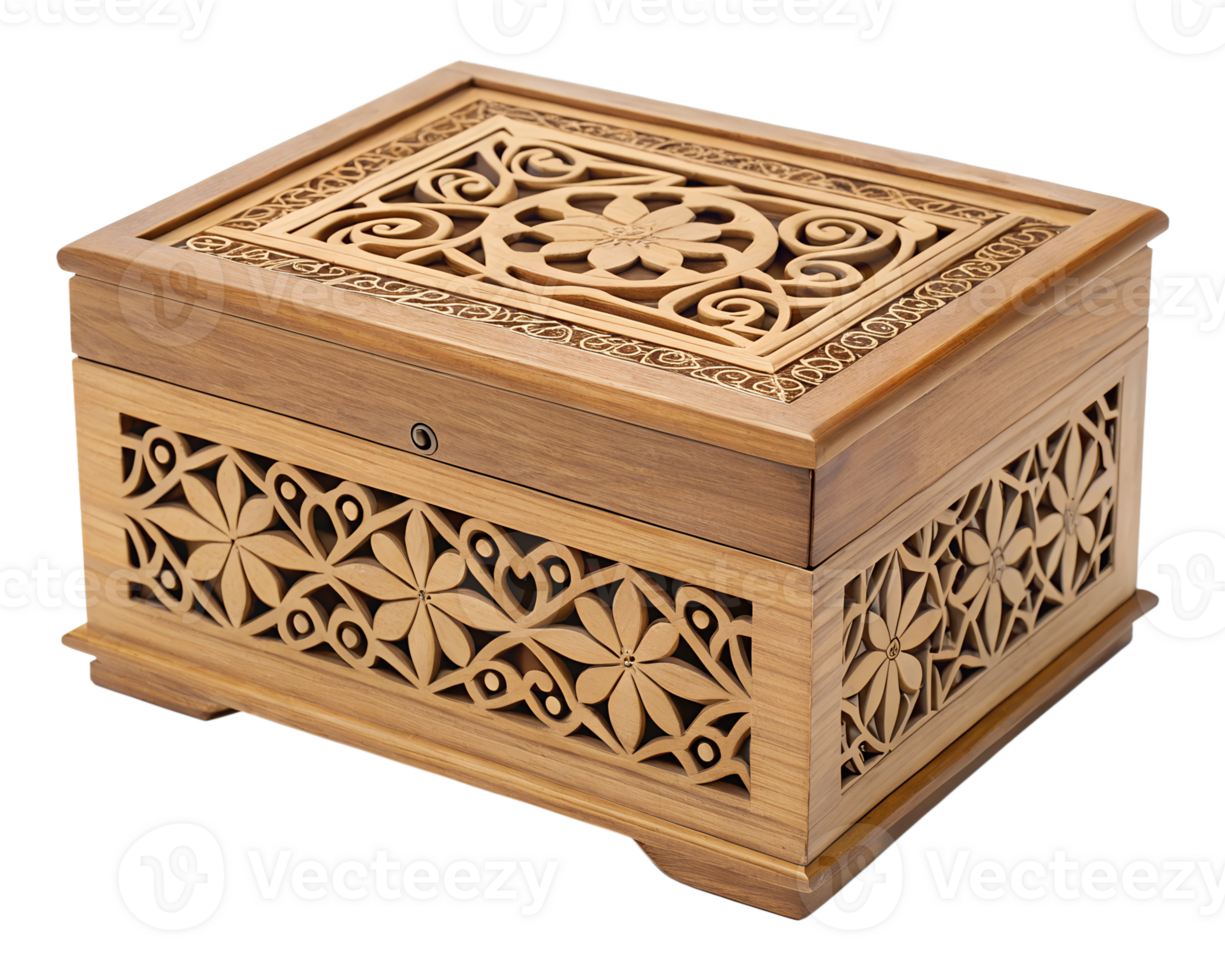 Wooden decorative box with carved details and handle, vintage storage piece, rustic decor png