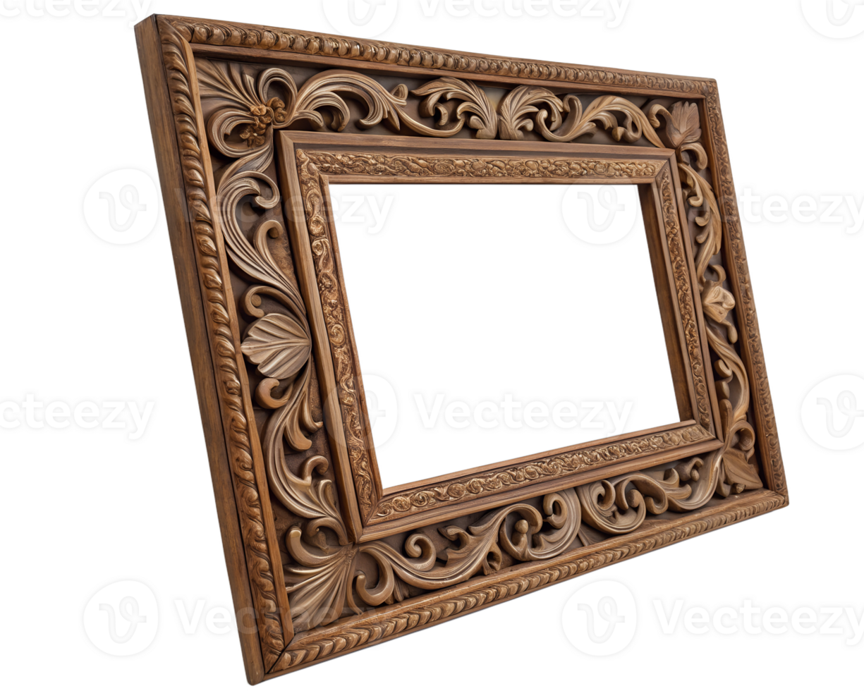Intricately carved wooden picture frame, antique design, elegant home decor png