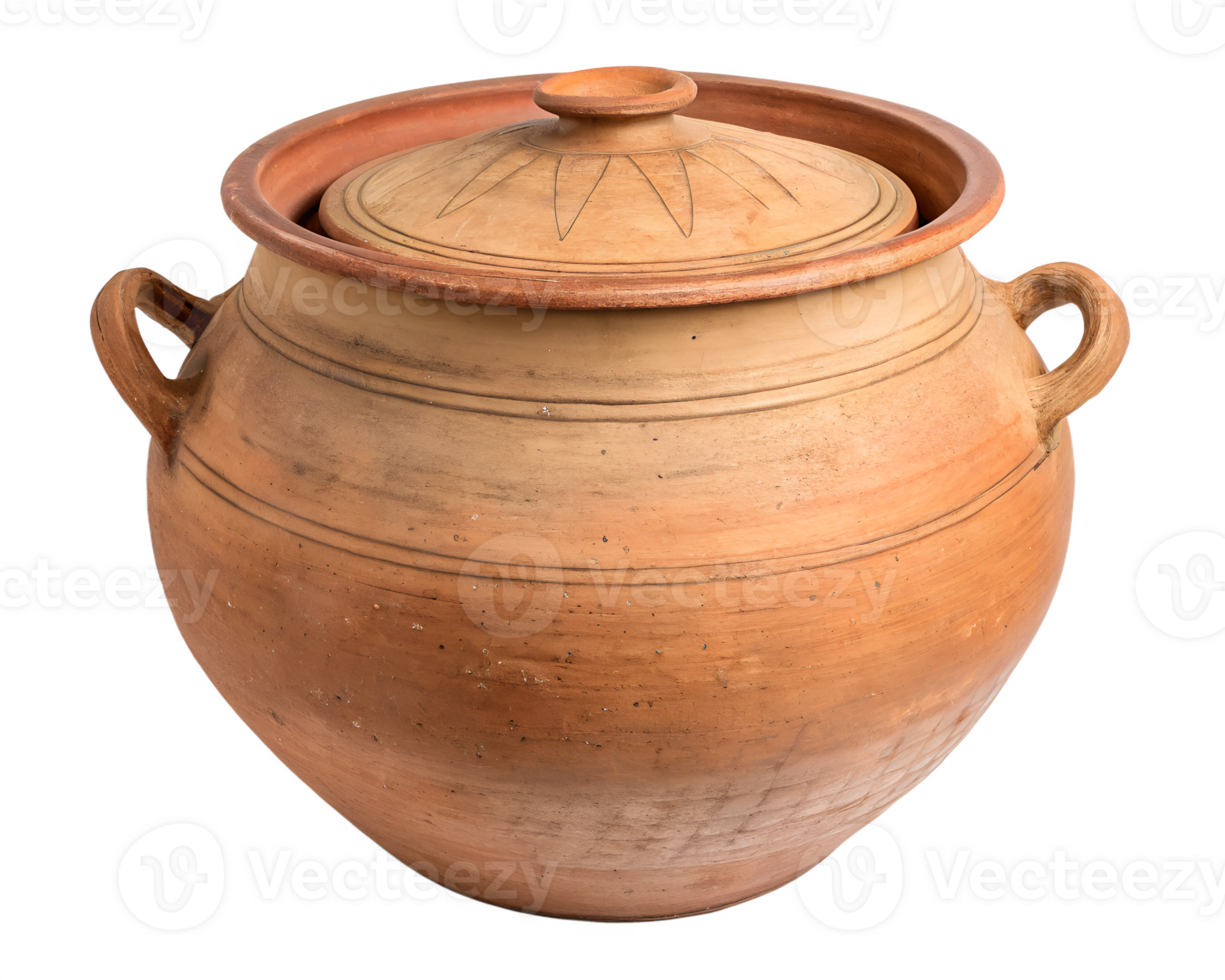 Earthen clay pot for cooking, dual-handled kitchen container, rustic pottery png