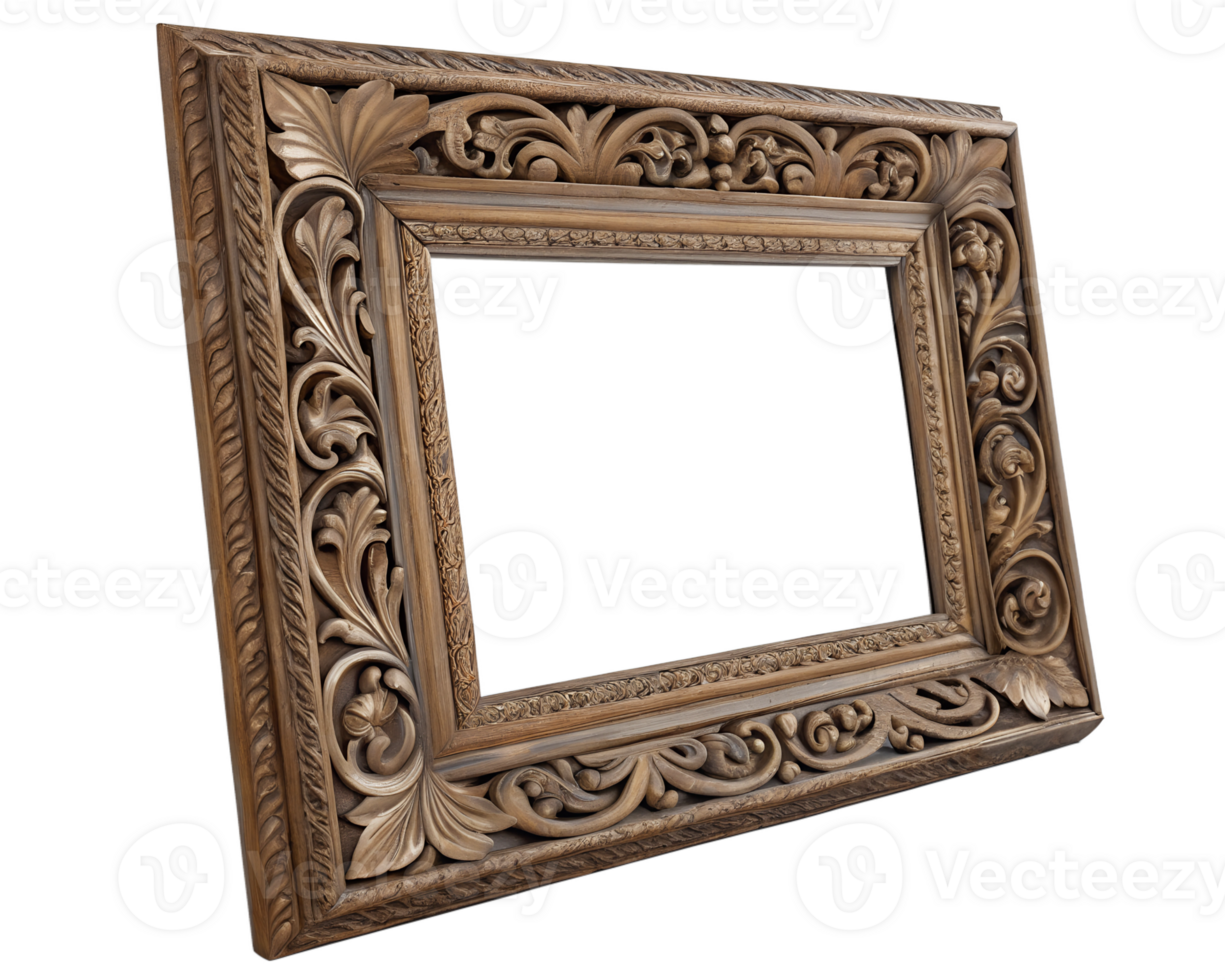 Wooden picture frame with detailed carvings, classic antique decoration, elegant home accent png