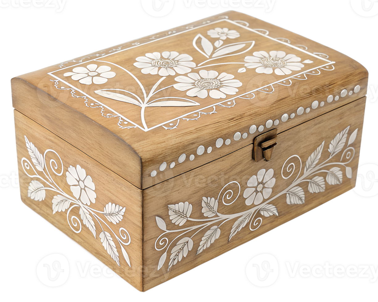 Hand Carved Wooden Jewelry Box With Floral Design, Rustic Organizer On Transparent Background png