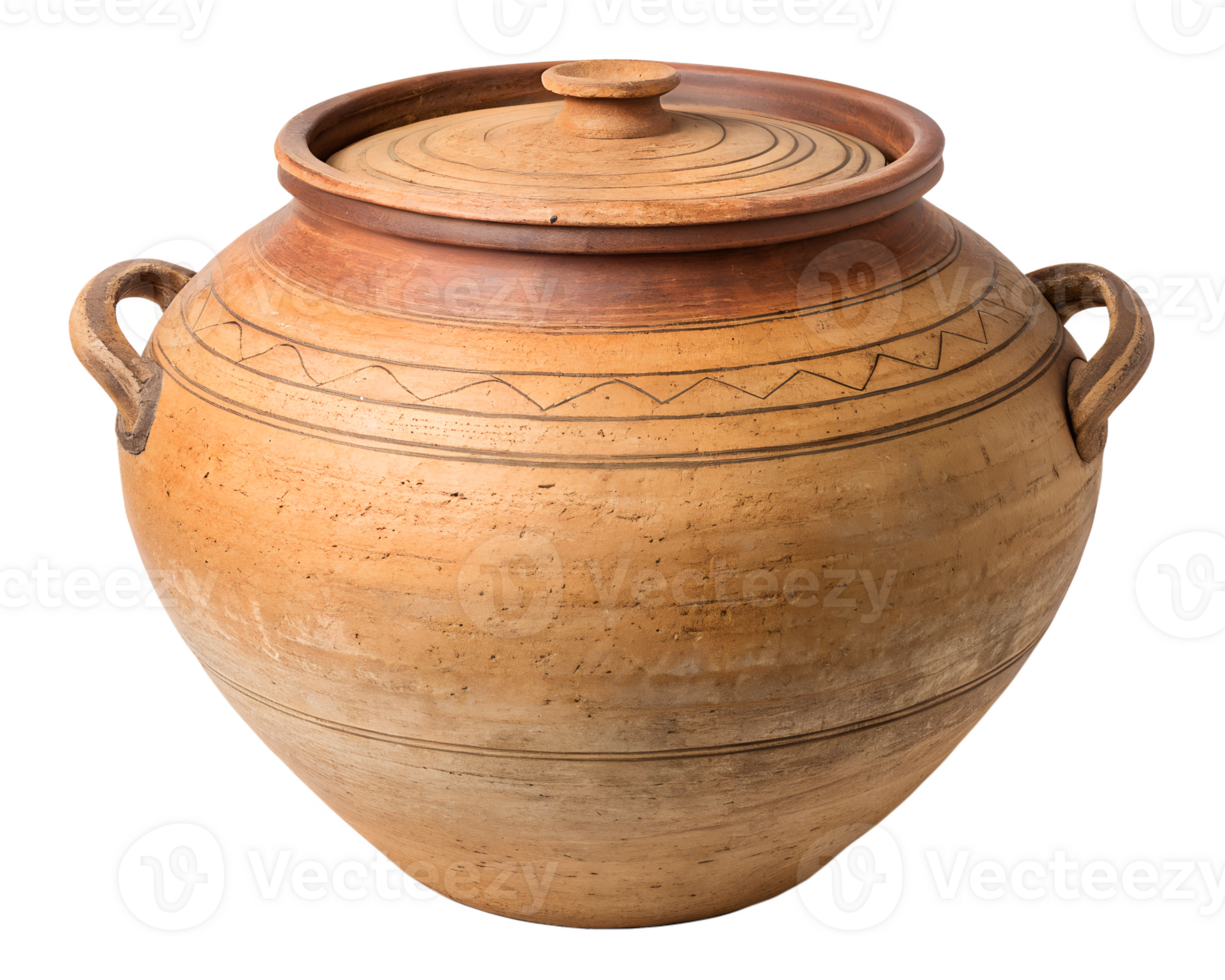Large clay pot with two side handles, traditional cookware, rustic kitchenware png