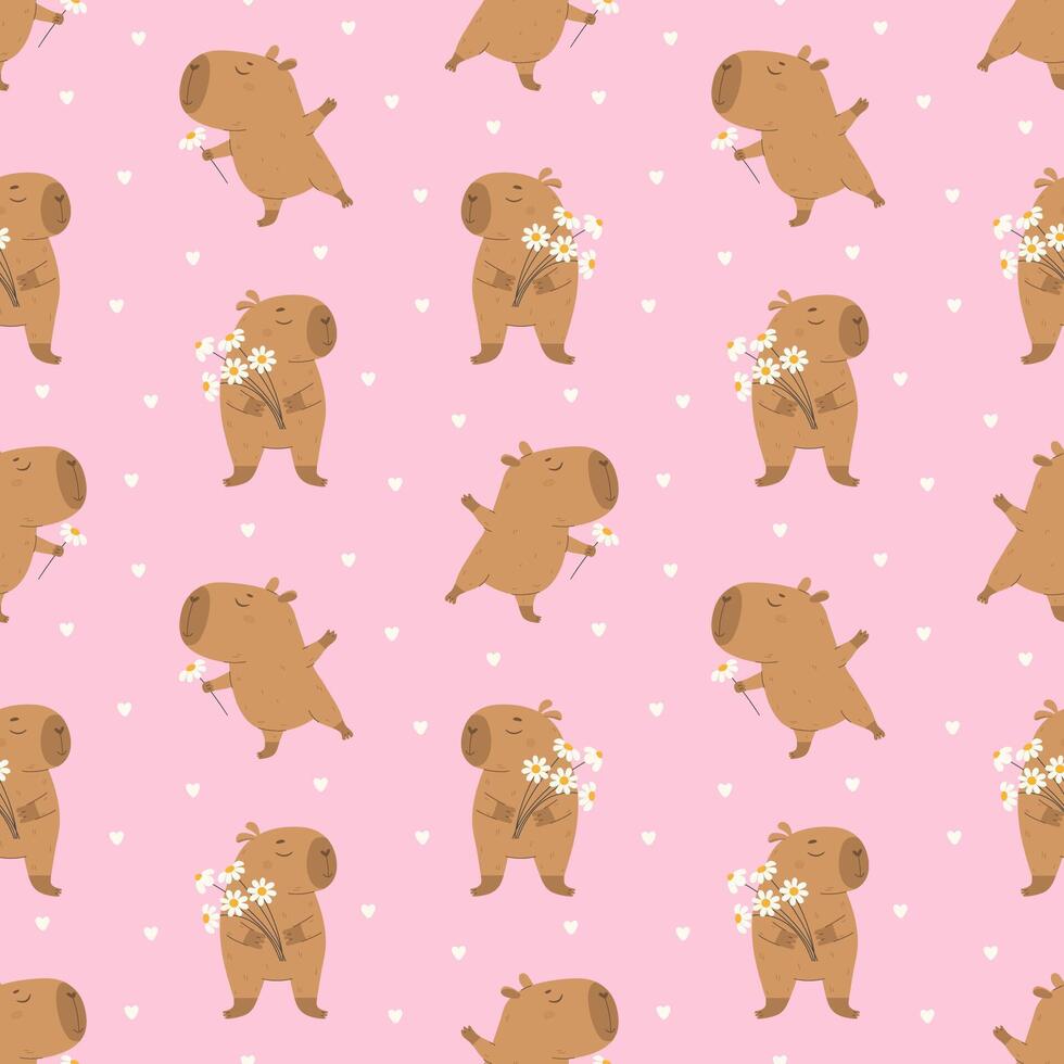 Cute capybaras with a bouquet of flowers pattern vector