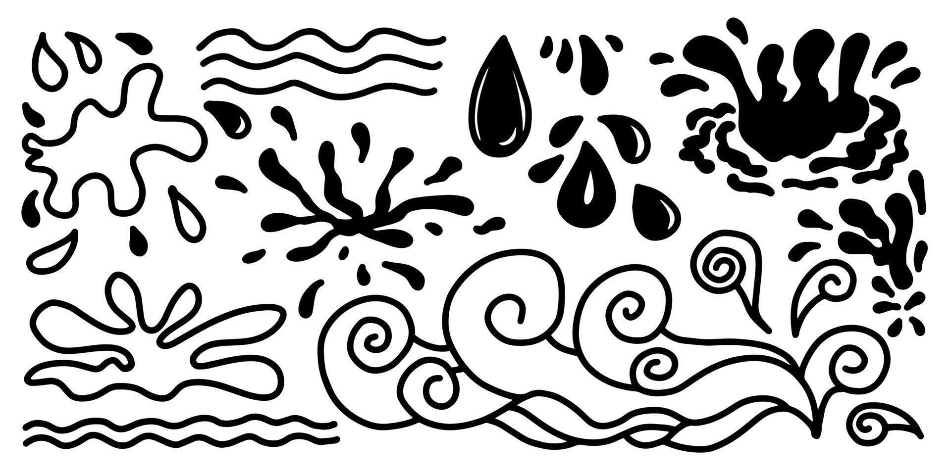 Set of line water waves. Icon set with simple doodle wave. splash silhouette with droplets. vector