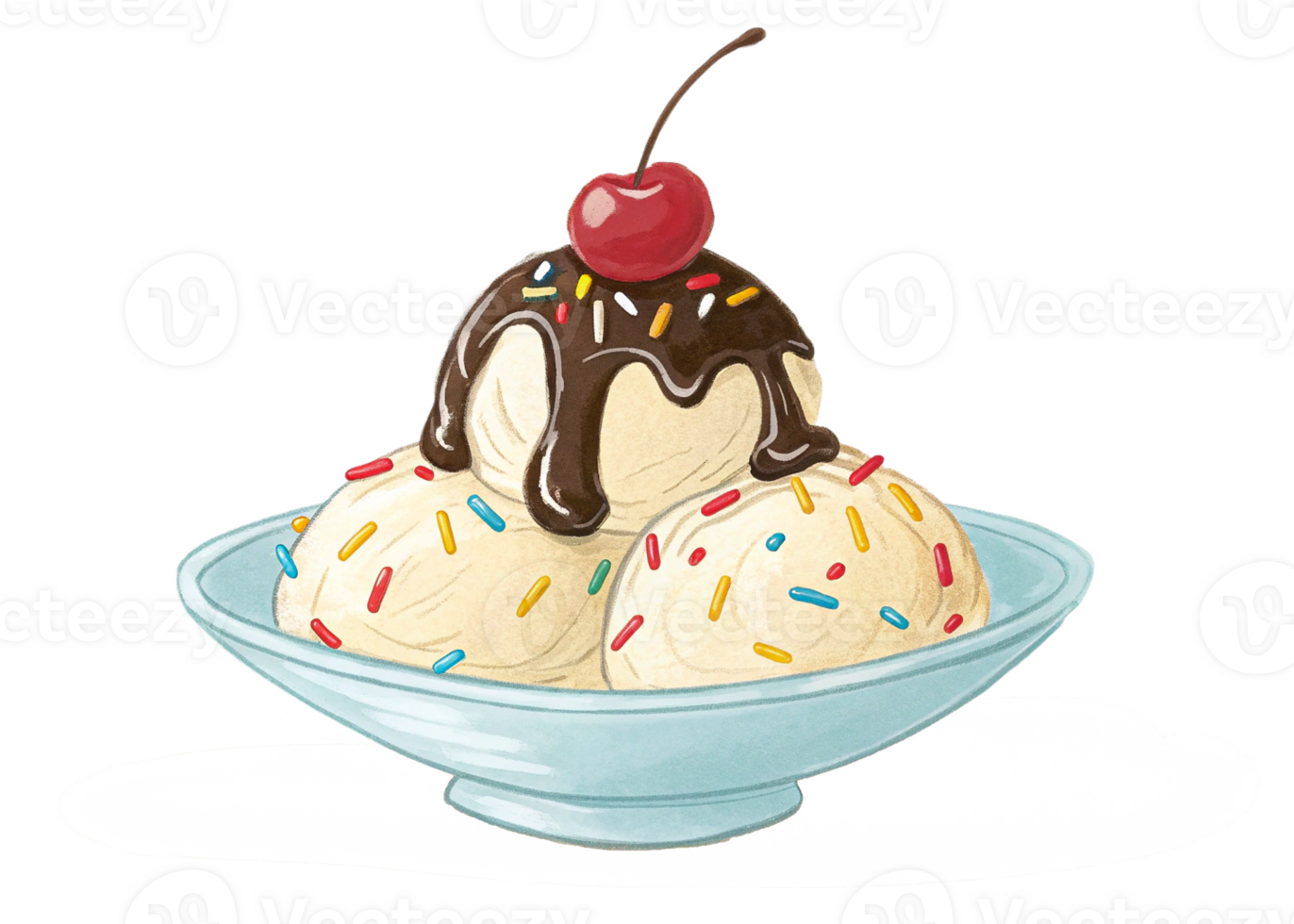 Delicious Sundae Three Scoops, Chocolate, Sprinkles, Cherry png