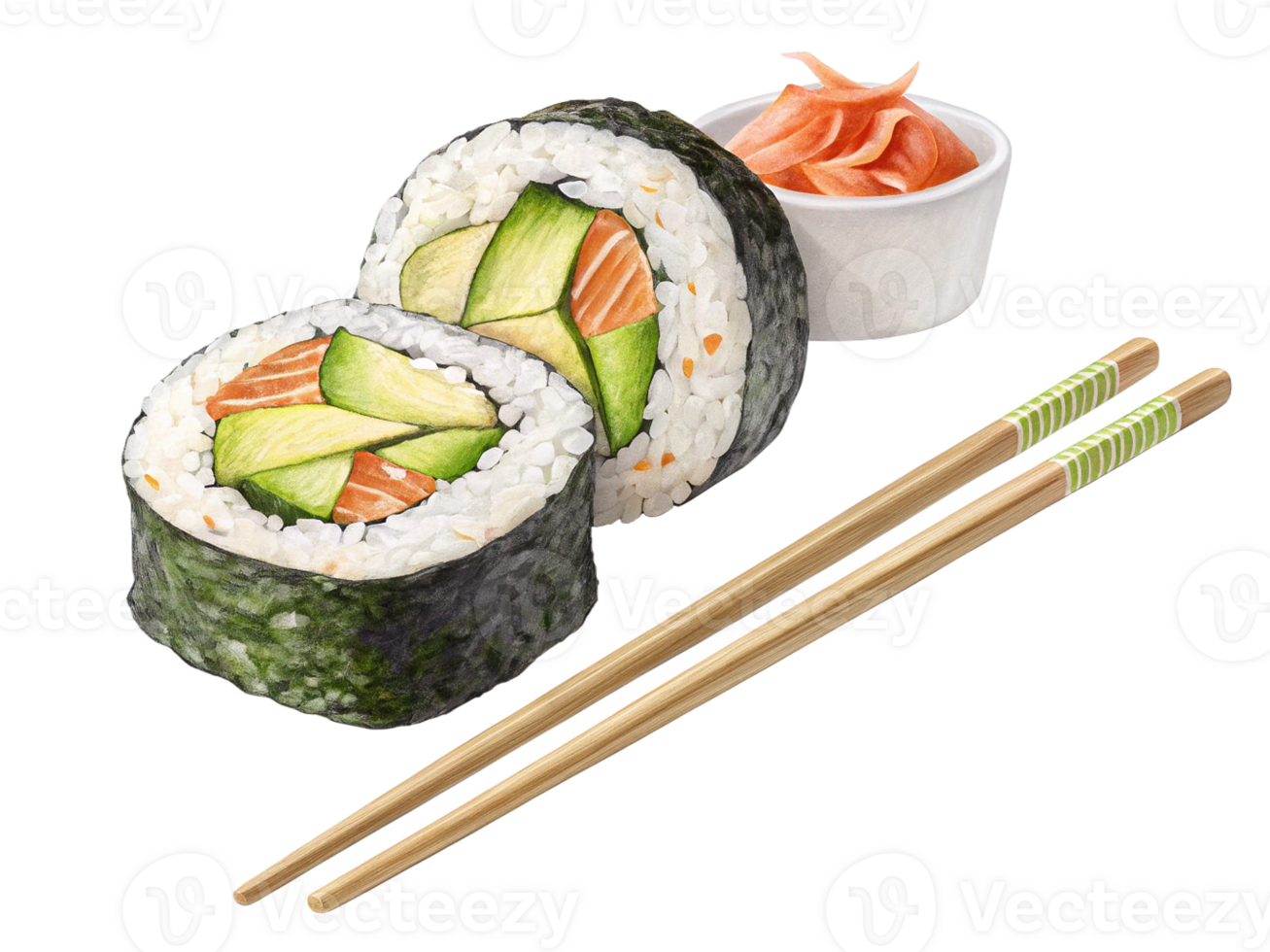 Delicious Avocado Salmon Sushi Rolls with Chopsticks and Ginger png