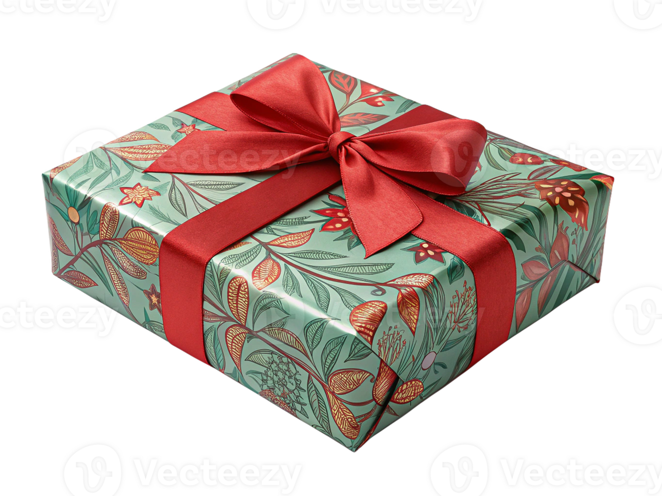 Elegant Gift Box with Red Bow, Floral Design, Holiday Present png