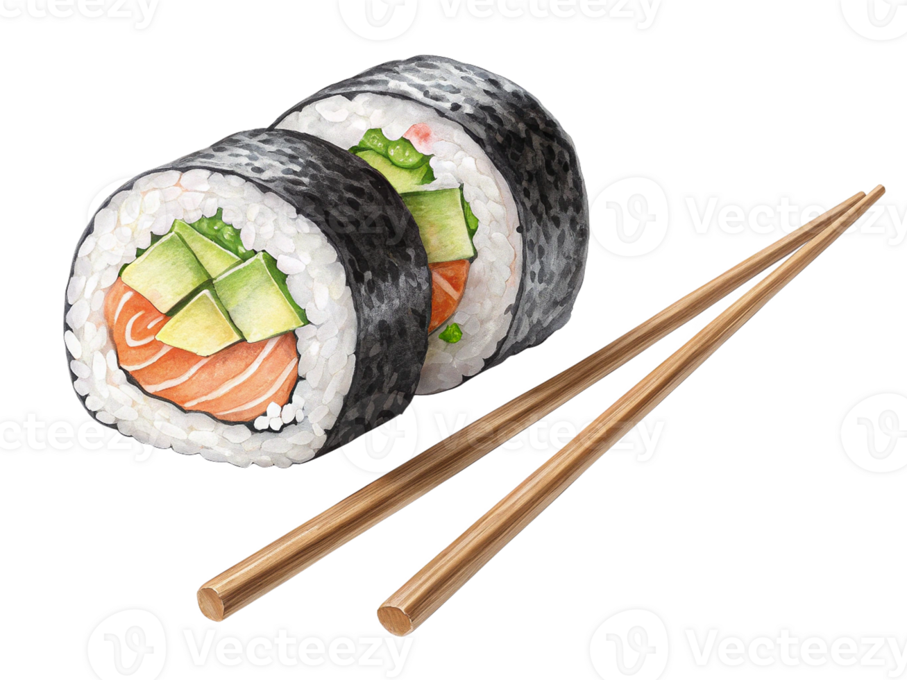 Delicious Salmon Avocado Sushi Rolls with Chopsticks png