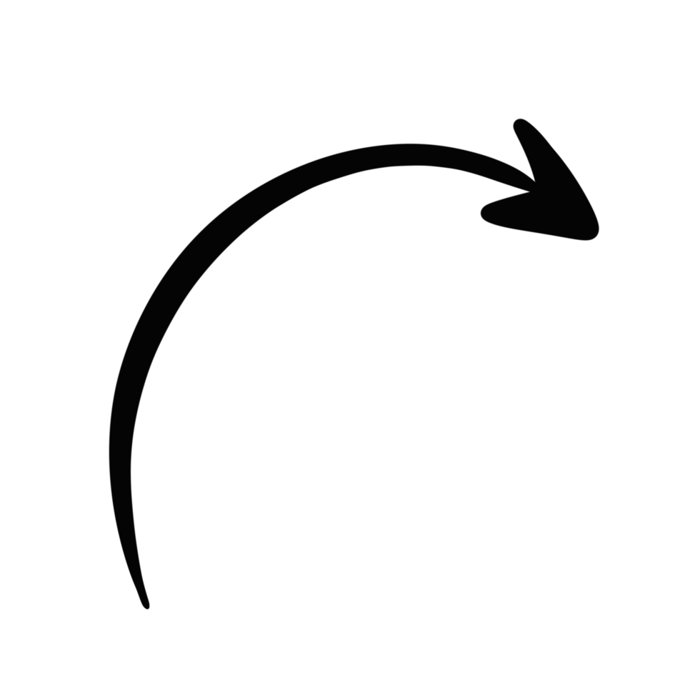 black curved arrow hand drawn illustration. doodle long line pointed symbol isolated on transparent background png