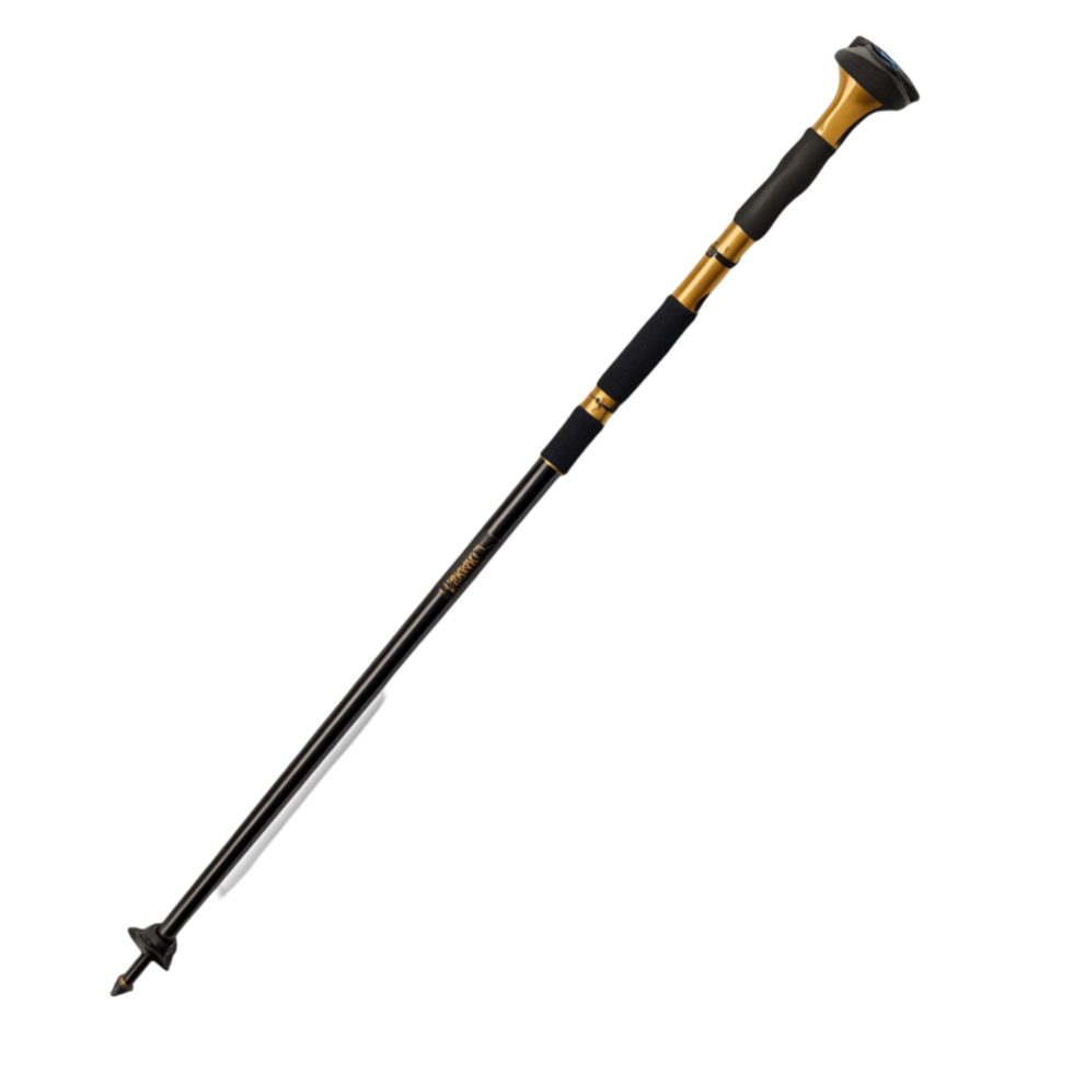 A black and gold walking stick with a black handle png