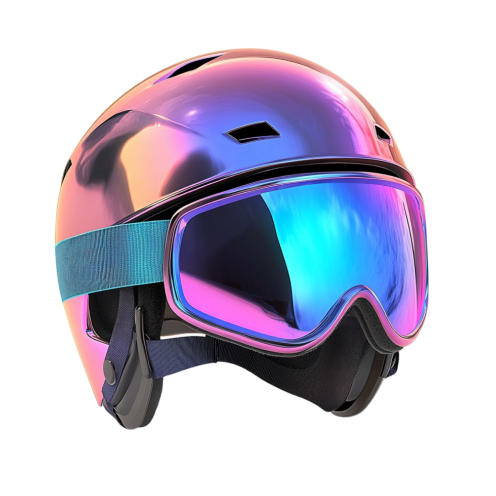 A helmet with pink and blue reflective lenses png