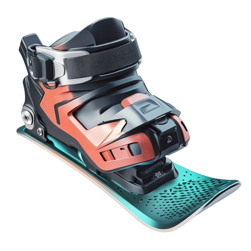 A snowboard with orange and black bindings png