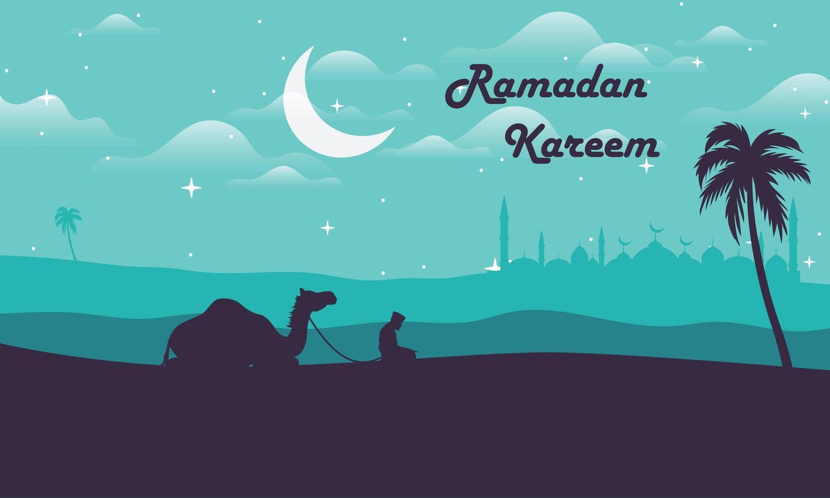 Ramadan Kareem illustration of men with a camel praying in the desert. vector