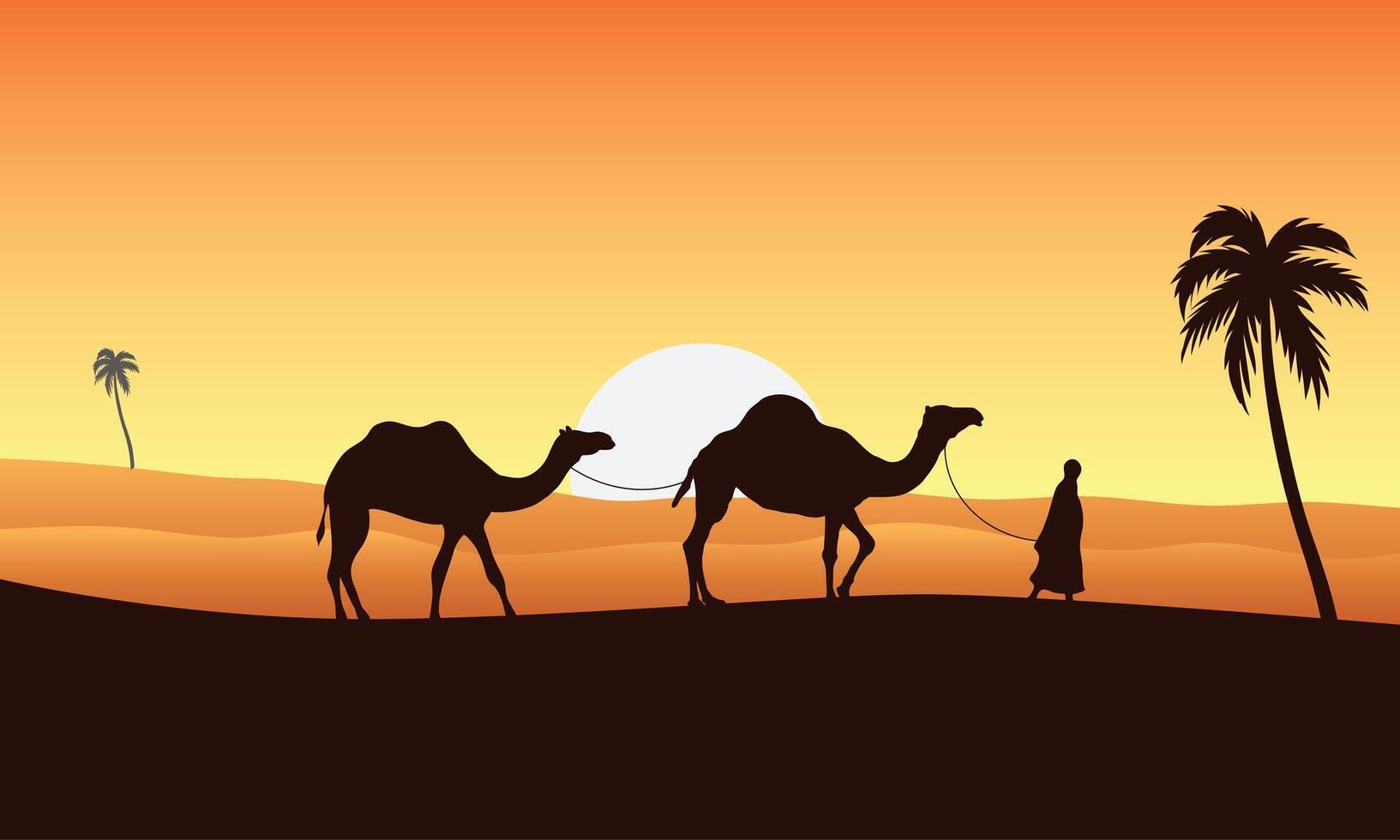Arab people and camels silhouettes in sands. caravan with camel vector