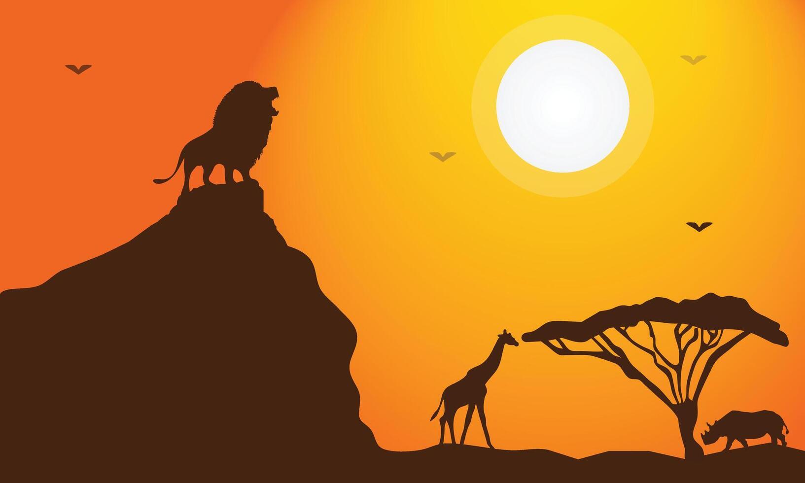 Lion, rhino, and giraffe silhouettes in savanna forest vector