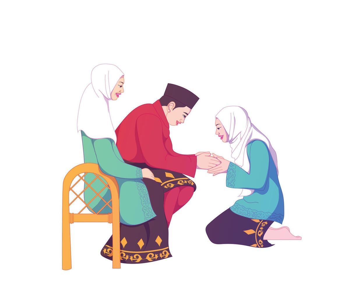 A beautiful daughter kneels, seeking forgiveness from her parents in a heartfelt Eid al-Fitr tradition. vector