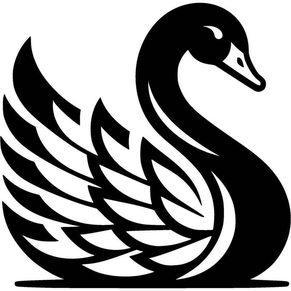 Tattoo of majestic black swan in monochrome. Swimming swan arched its neck. Engraving minimalistic image in black ink drawing on transparent background vector