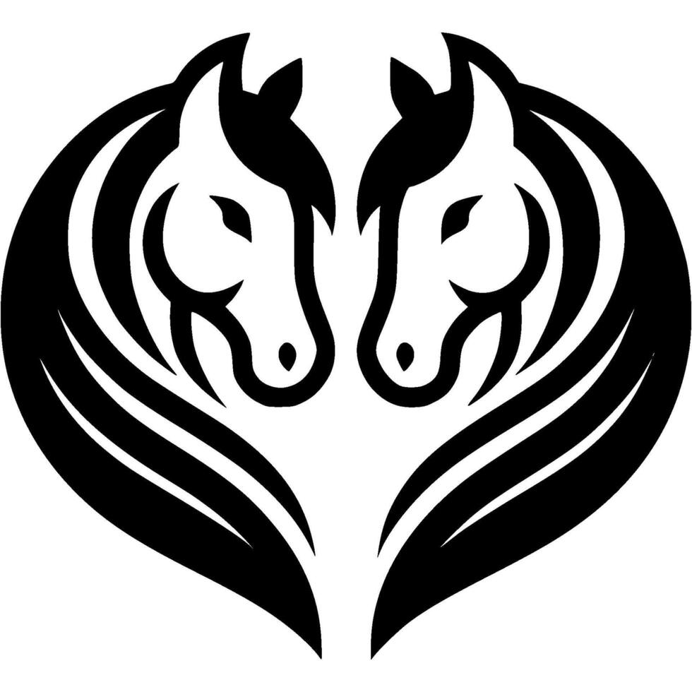 Tattoo emblem of pair of horses in love in a connected heart shape in monochrome. Engraving minimalistic image in black ink drawing on transparent background vector