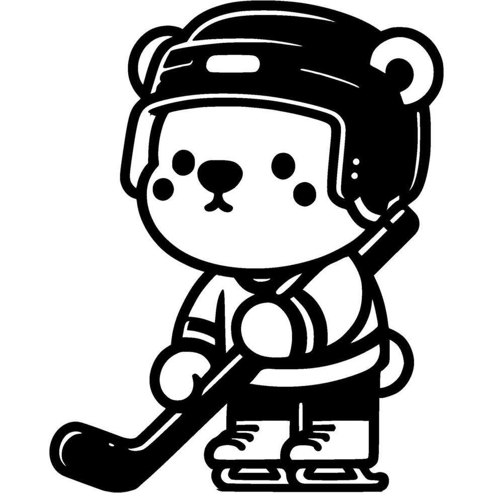 Polar bear cub in hockey uniform learning to stand on skates with a stick in monochrome. Simple minimalistic image in black ink drawing on transparent background vector