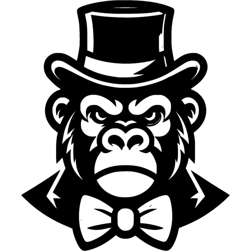 Tattoo of angry gorilla gangster in a high hat head in monochrome. Criminal ape. Engraving minimalistic image in black ink drawing on transparent background vector