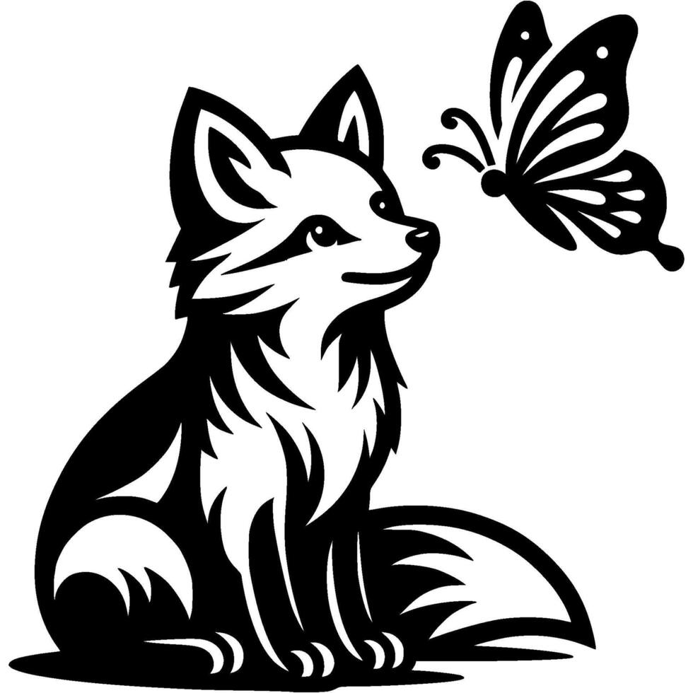 Inquisitive fox looks at a butterfly fluttering in front of him in monochrome. Engraving minimalistic image in black ink drawing on transparent background vector