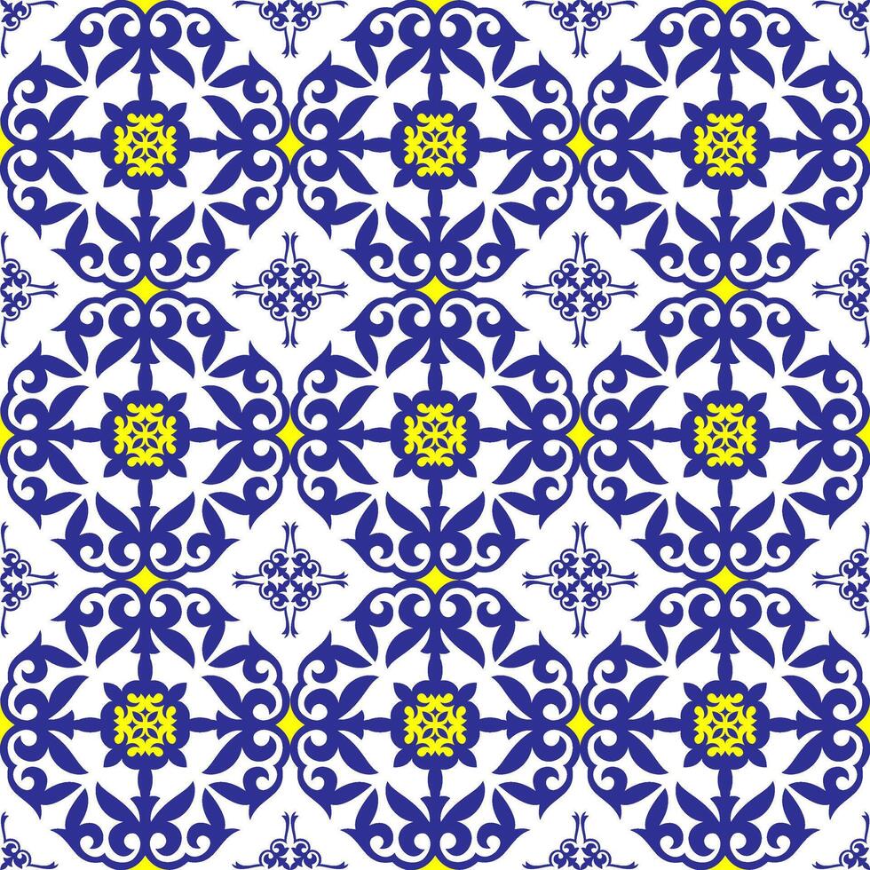 Mediterranean ceramic tile patterns in blue, white, yellow. Moroccan azulejo pattern, majolica tile,Talavera, Damask. Traditional Portuguese and Spain decor. Mediterranean ceramic, patchwork, textile vector