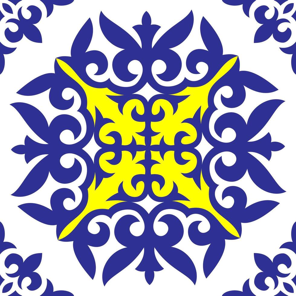 Portuguese tile azulejo. Moroccan tile mosaic. Talavera pattern. Spanish porcelain. Turkish ornament. Ceramic tableware. Spanish pottery. Ethnic Mediterranean seamless wallpaper for print, cards vector