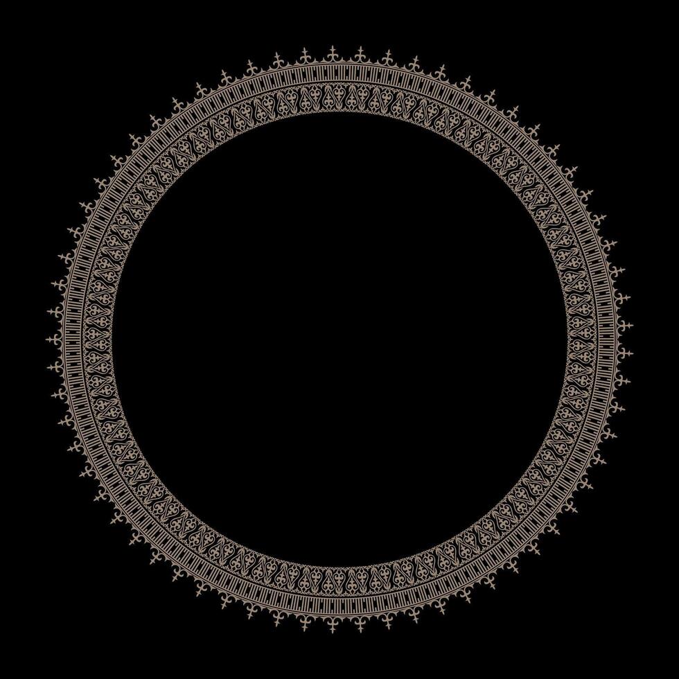 Gold round frame with oriental pattern for design in Eastern style. Ethnic pattern of the Kazakh, Mongols, Kyrgyz, Kalmyks, Buryats. For round surfaces, household utensils, textiles, embroidery. EPS vector