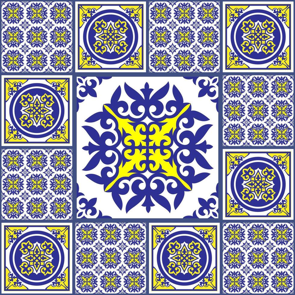Azulejos portugal. Talavera pattern. Moroccan tile mosaic. Spanish porcelain. Turkish ornament. Ceramic tableware, folk print. Spanish pottery. Ethnic background. Mediterranean seamless wallpaper vector