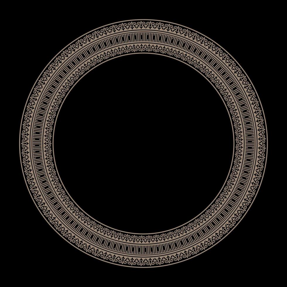 Vintage Oriental round gold frame on black background. Oriental Round frame with ethnic pattern. For round surfaces, household utensils, ceramics, porcelain, embroidery, sandblasting, laser cutting vector