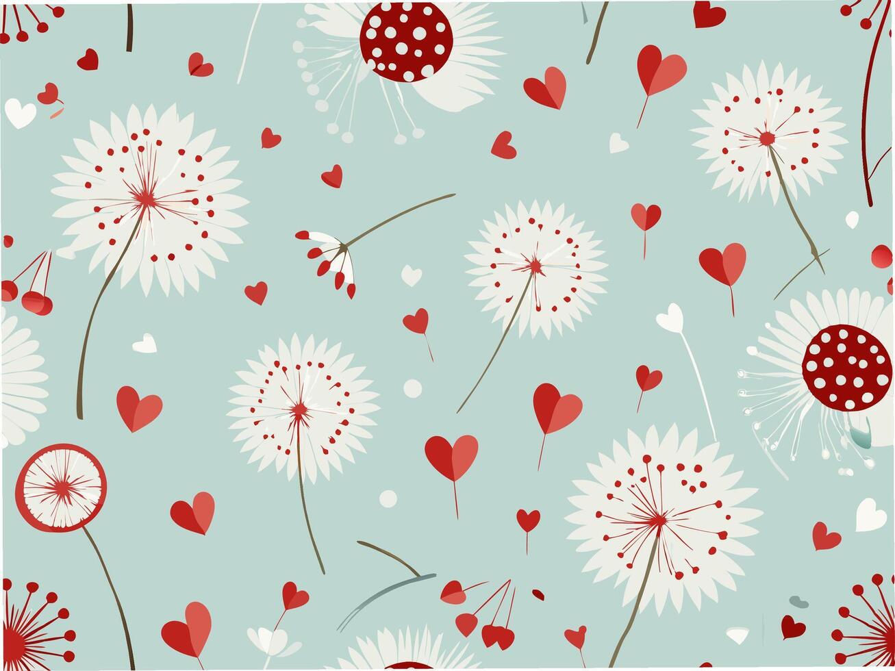 Floating hearts and dandelion seeds nature pattern graphic design serene environment top-down view love concept vector