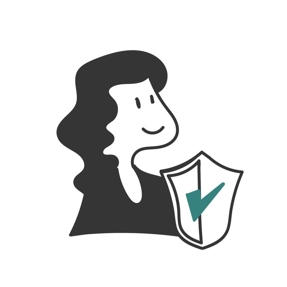 a woman holding a shield with a tick mark on it vector