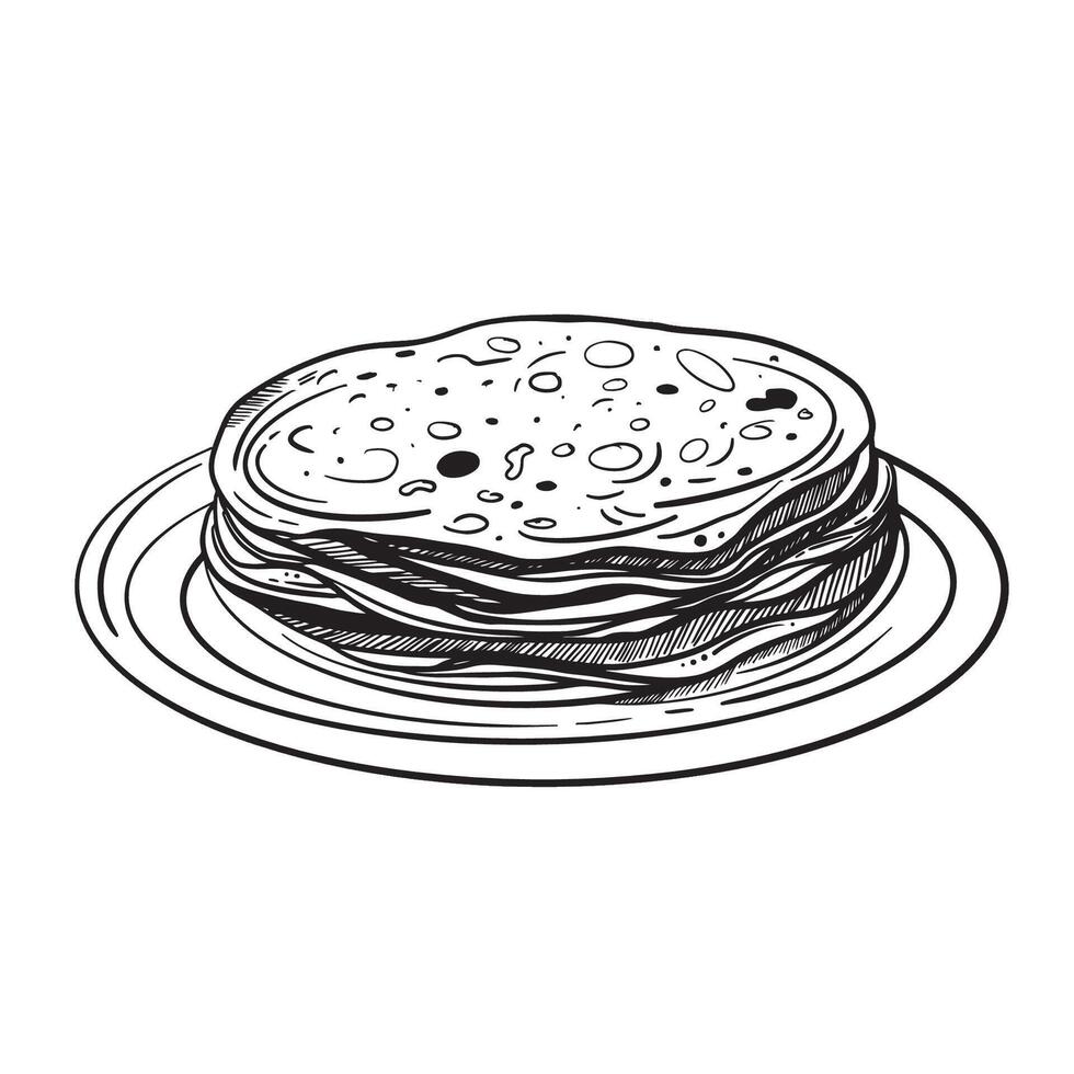 Stack of thin russian pancakes on the plate, ink sketch, hand drawn illustration. Maslenitsa theme. For cafe, restaurant, food drawing. vector