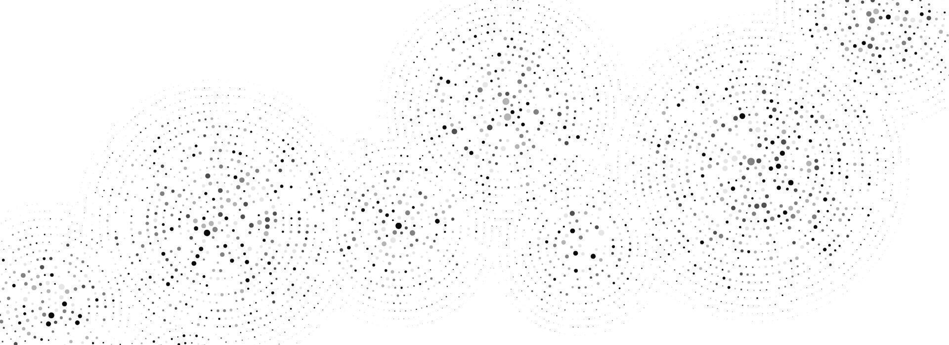 Black dotted concentric circles pattern. Rippled sound wave rings background. Radial halftone abstract drops wallpaper. Circular particle texture for flyer, poster, presentation. vector