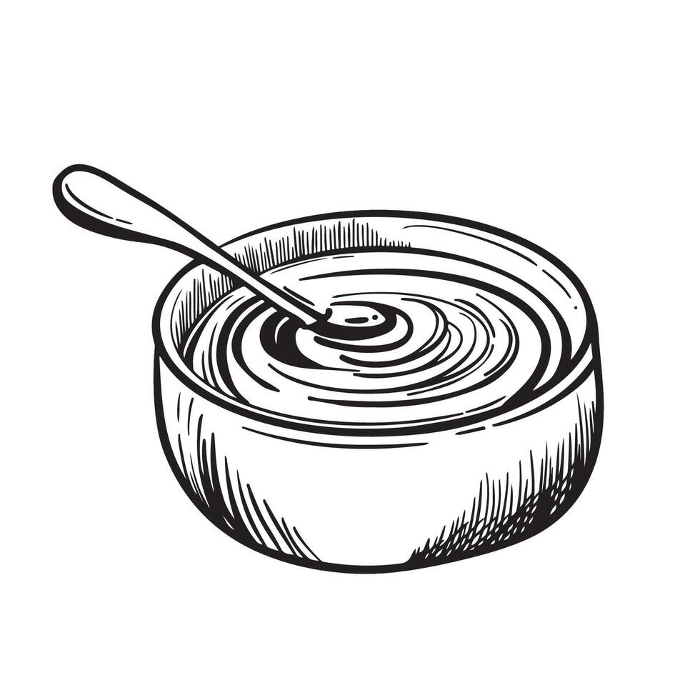 Sauce bowl with spoon outline icon illustration. Line hand drawing BBQ, tomato ketchup, mustard or yoghurt cream, mayonnaise for dipping food, side view of condiment and seasoning in ceramic vector