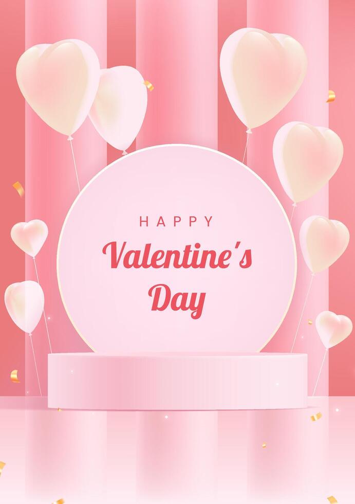 Valentine's Day poster design heart-shaped balloons and display stands vector
