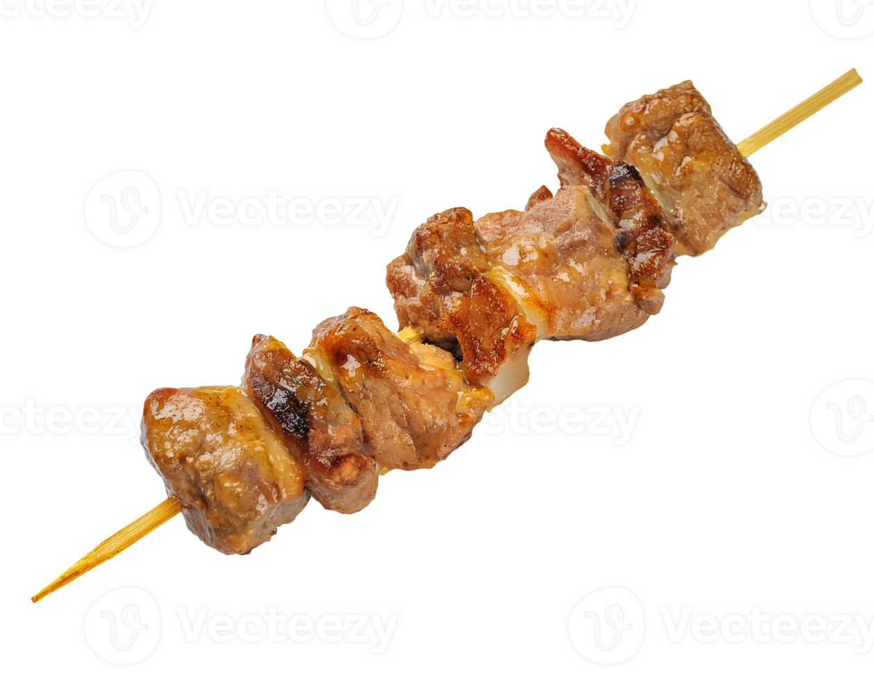 grilled pork skewer, juicy roasted meat on stick, traditional barbecue snack, crispy and tender texture, on isolated background png