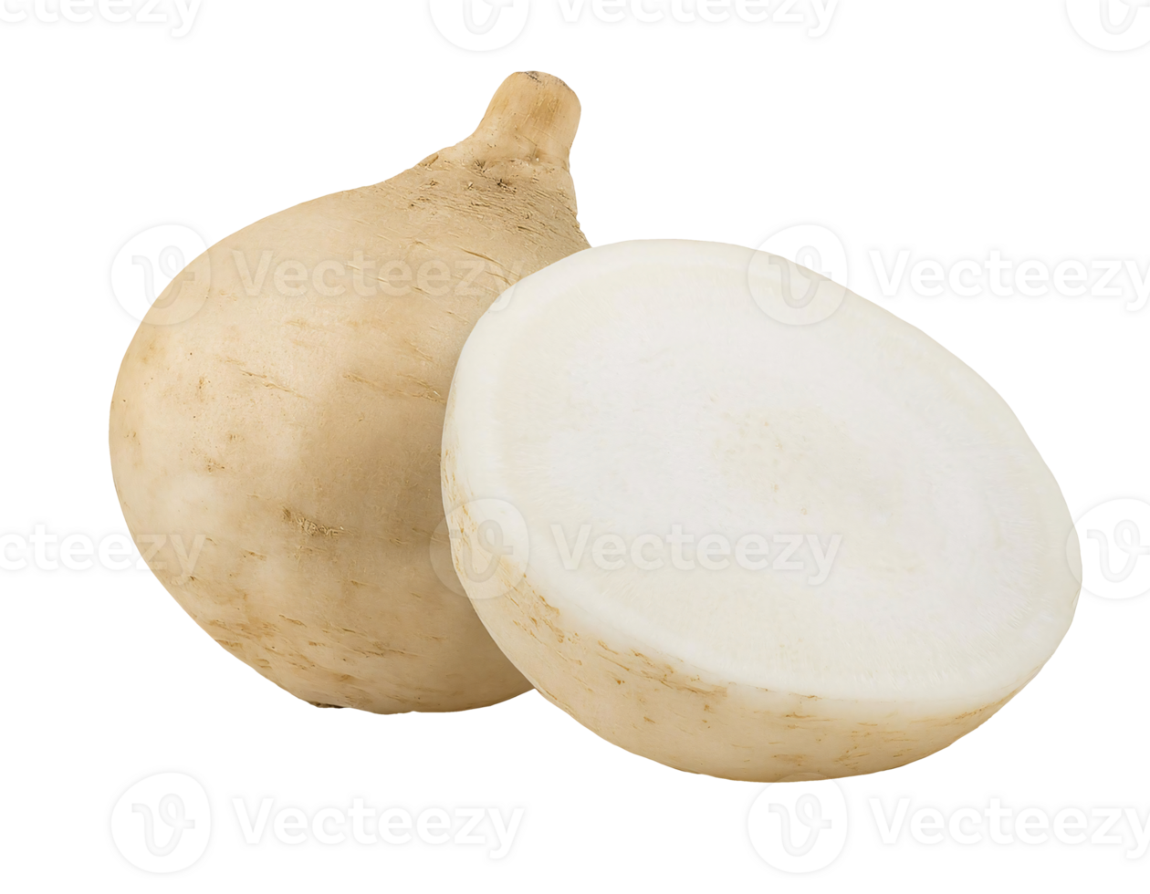 fresh jicama root, whole and sliced tuber with crisp white flesh, crunchy and juicy texture, nutritious and versatile vegetable, on isolated background png