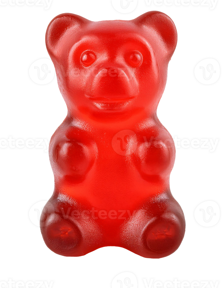 red gummy bear candy, soft and chewy translucent gelatin treat, sweet fruit-flavored snack, glossy texture, on isolated background png