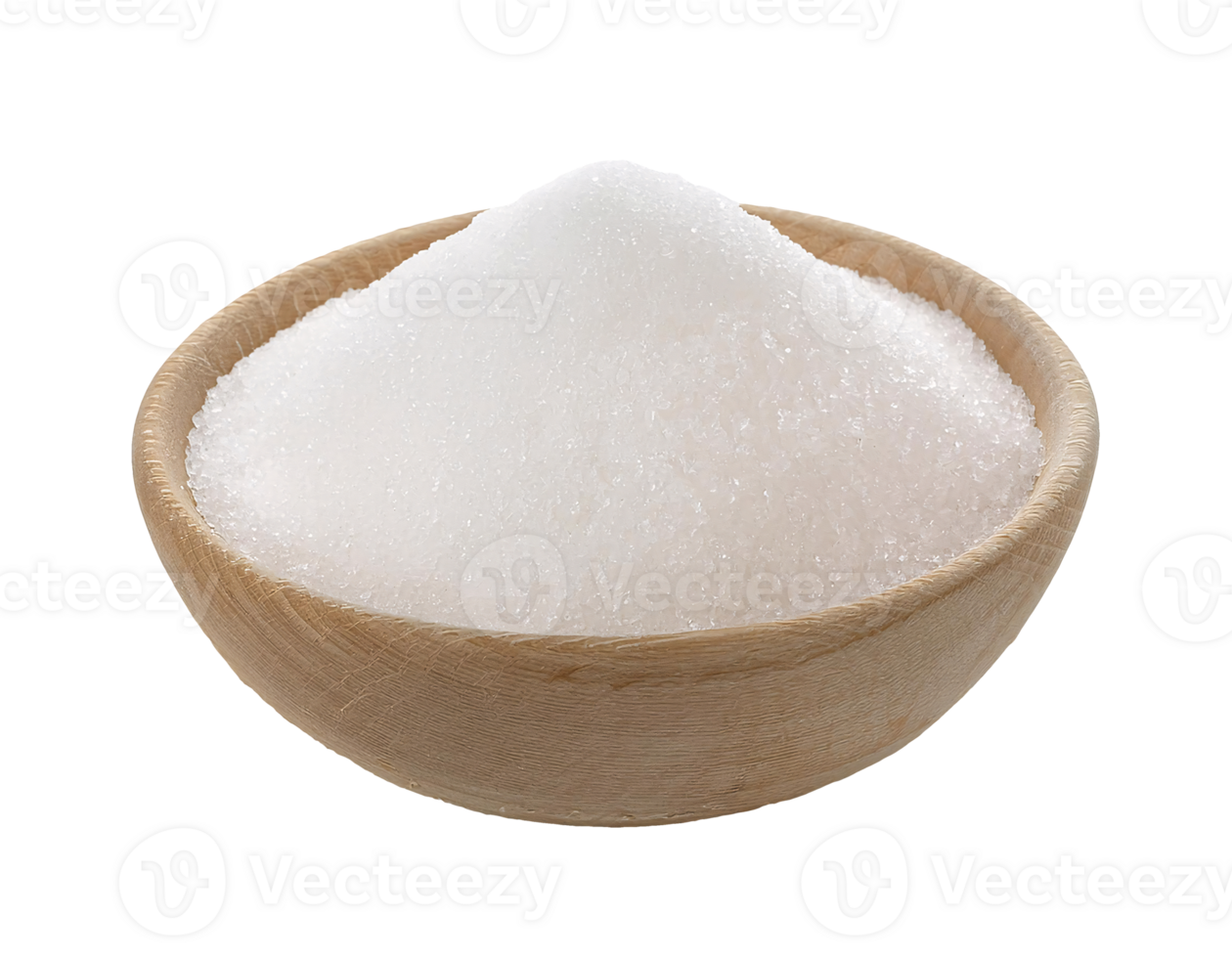granulated white sugar in wooden bowl on isolated background, refined sweetener, cooking ingredient, natural cane sugar, food photography for commercial use png