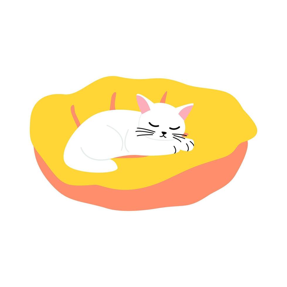 Sleeping White Cat Curled Up in a Cozy Yellow Pet Bed, Domestic Feline Resting, Comfortable, Relaxing, Peaceful, Isolated on White Background vector