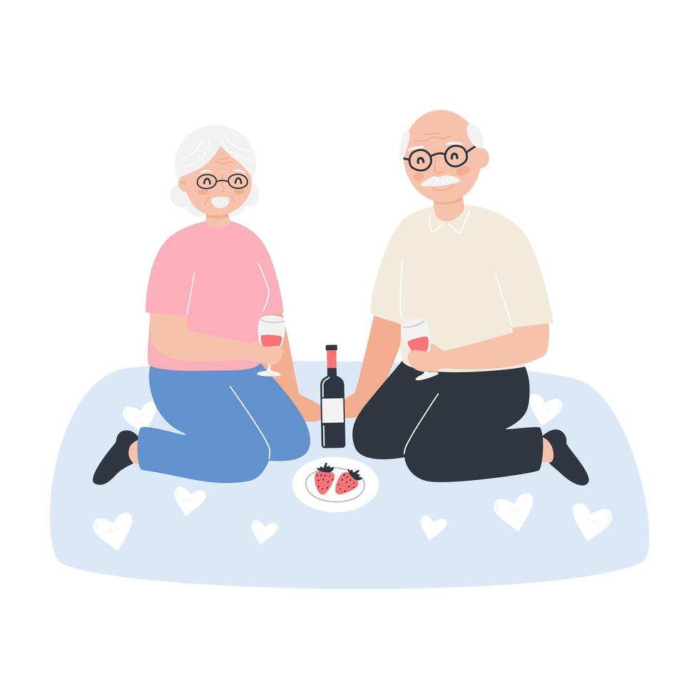 Elderly couple enjoying a romantic picnic with wine and strawberries on a cozy blanket vector