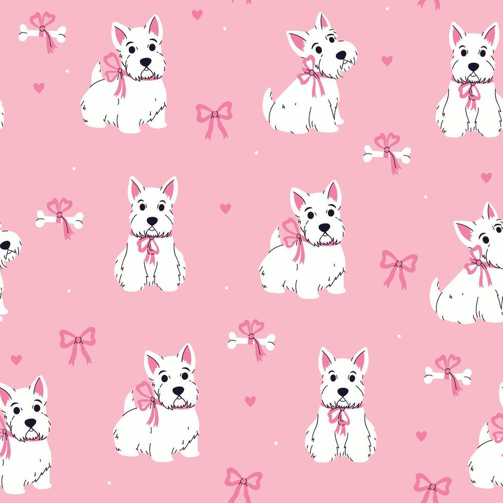 Seamless pattern with cute white Scottish terriers with pink bows. graphics. vector