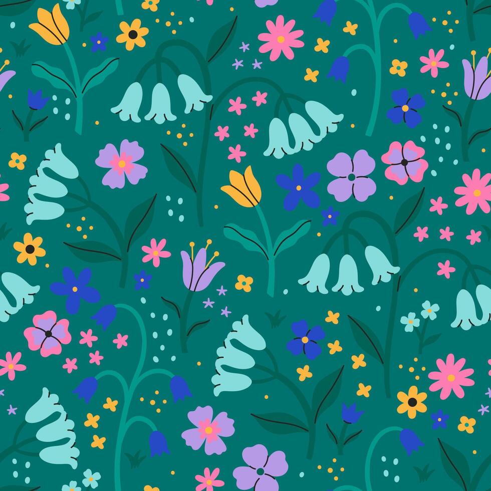 Seamless pattern with bells and other flowers on a green background. graphics. vector